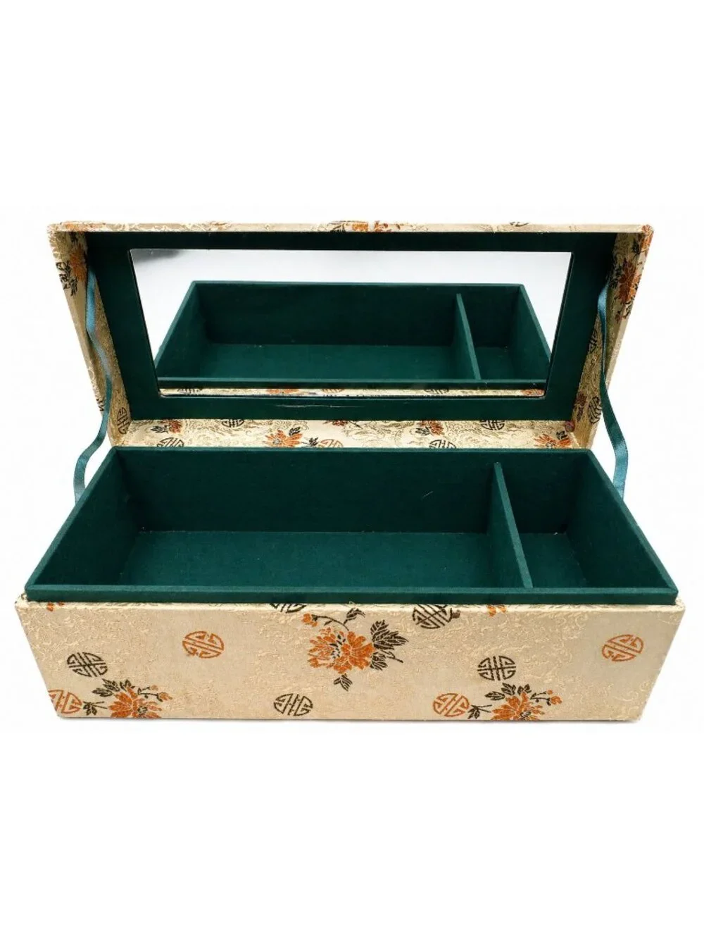 Vintage Musical Jewelry Box Floral Fabric Plays Sacred Lotus Seed Hinged Mirror
